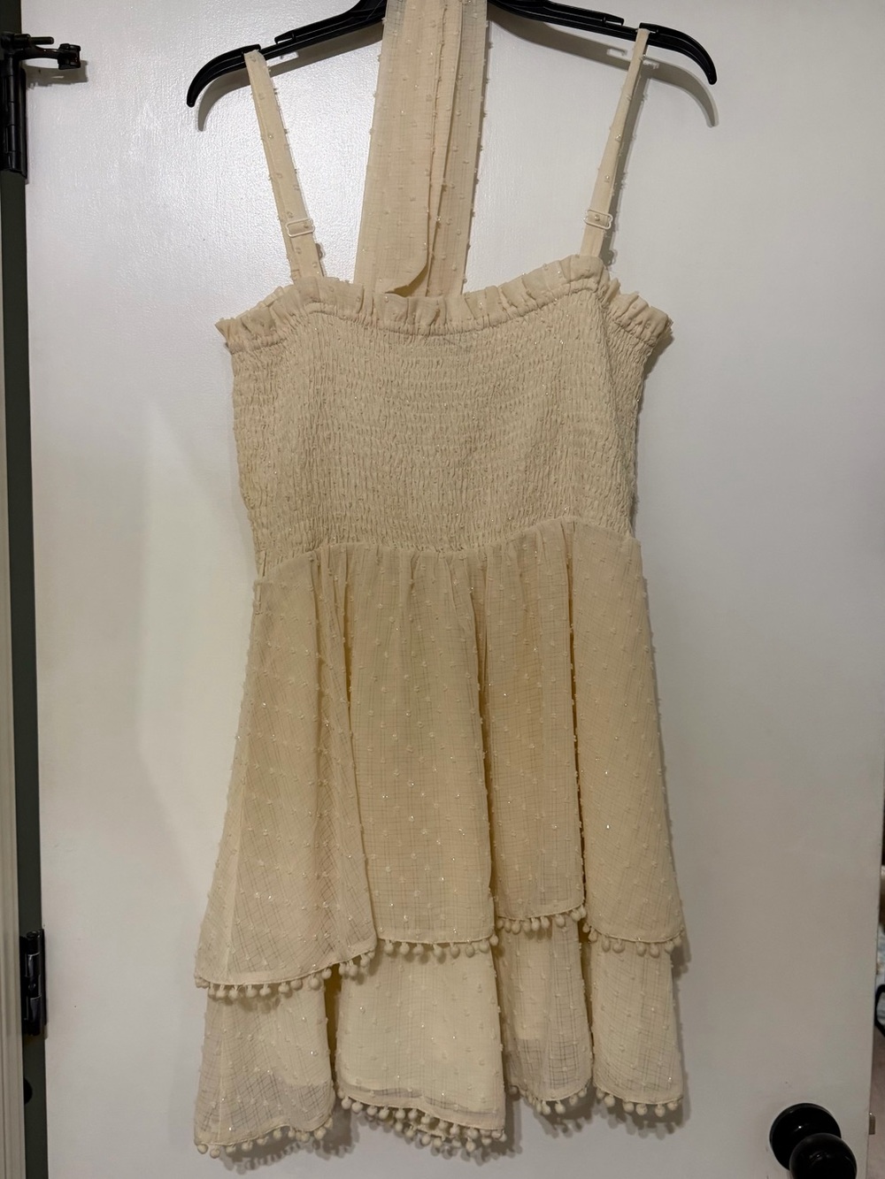 Ladies Cream Tiered Pom-Pom Sundress with sparkles